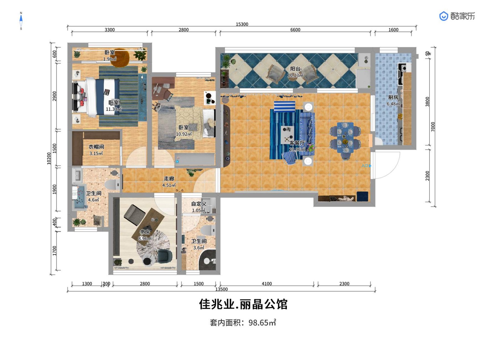 98混搭三房装修效果图,98.6m²地中海风格装修案例效果图-美广网