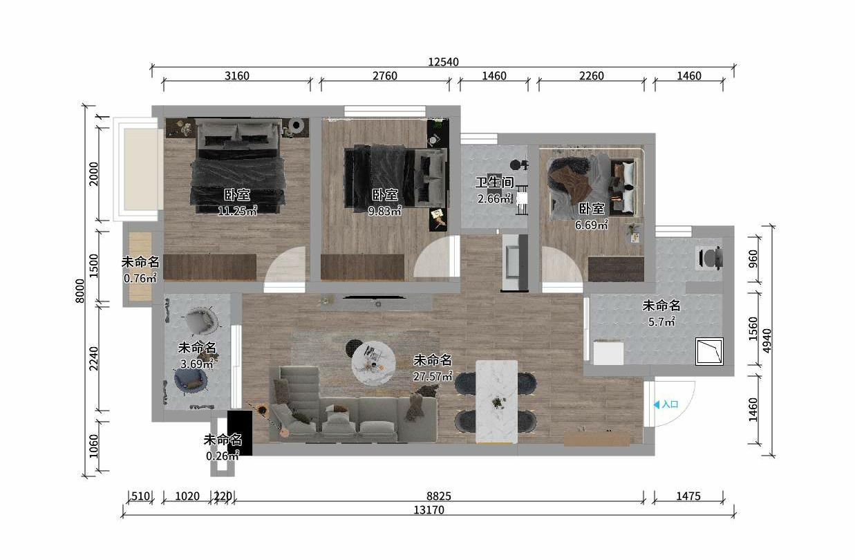 70现代三房装修效果图,黑白灰装修案例效果图-美广网(图1)