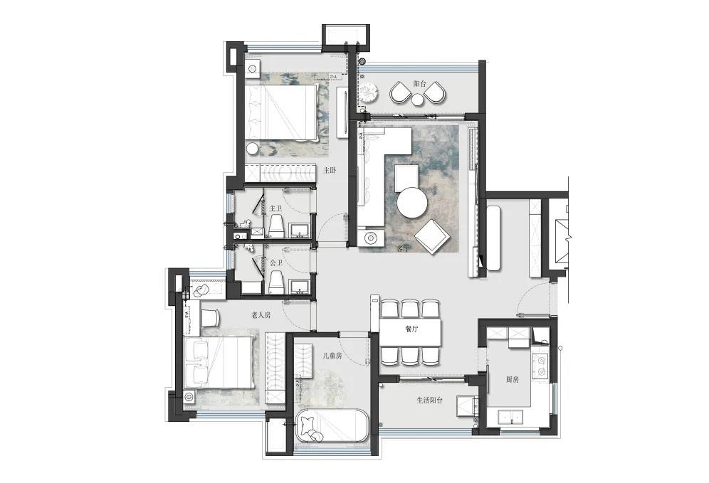 130现代两房装修效果图,精致优雅住宅，简单利落装修案例效果图-美广网