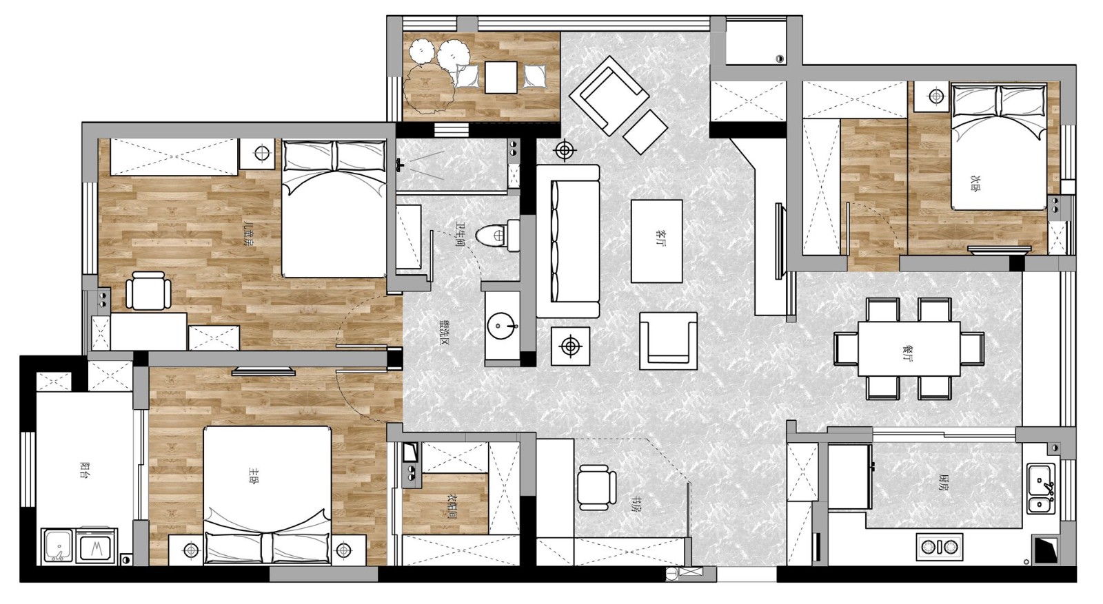 107现代三房装修效果图,轻松惬意现代整屋3居装修案例效果图-美广网(图1)