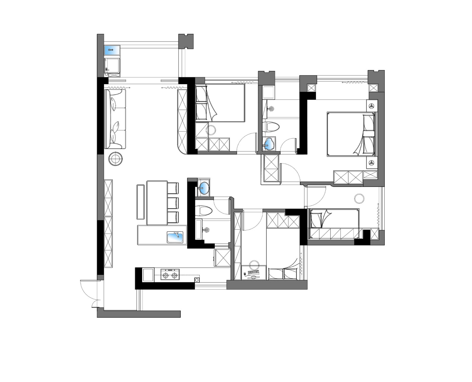 120现代三房装修效果图,现代设计住宅装修案例效果图-美广网