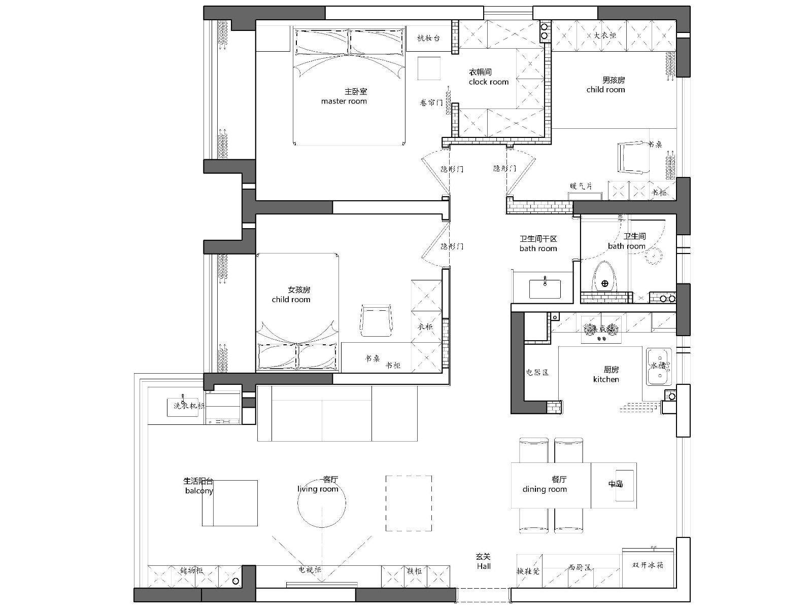 120现代三房装修效果图,简约开阔又干净的家装修案例效果图-美广网