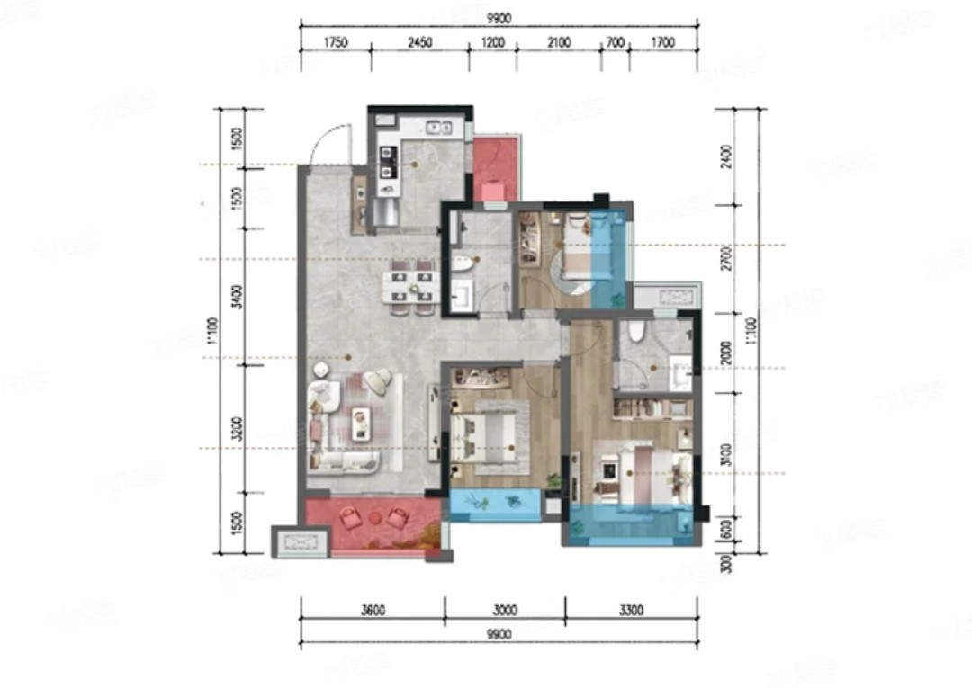 95现代三房装修效果图,95平方米现代风格装修案例效果图-美广网(图1)