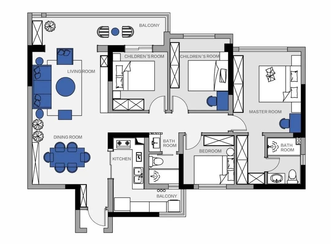 130现代四房装修效果图,静谧幽蓝——现代低奢装修案例效果图-美广网