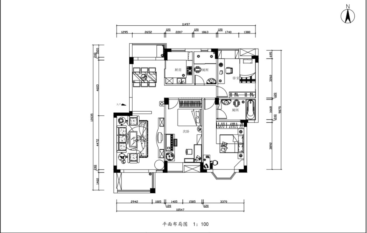 126现代三房装修效果图,126㎡现代简约装修案例效果图-美广网