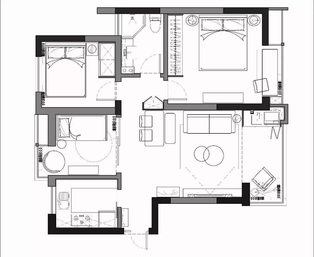 78现代两房装修效果图,二居变三居装修案例效果图-美广网