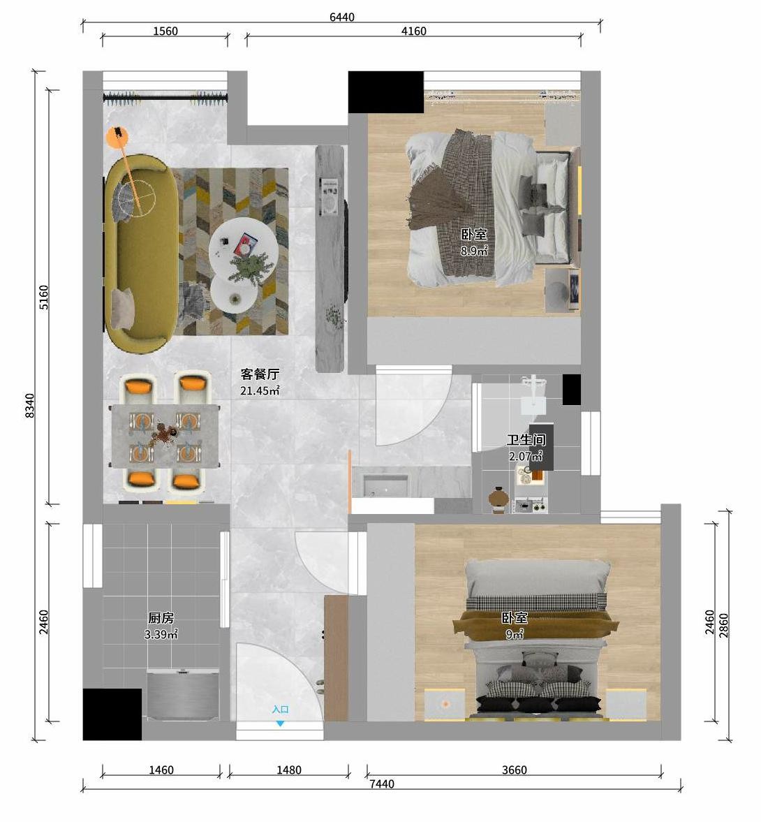 45现代两房装修效果图,山楂树装修案例效果图-美广网