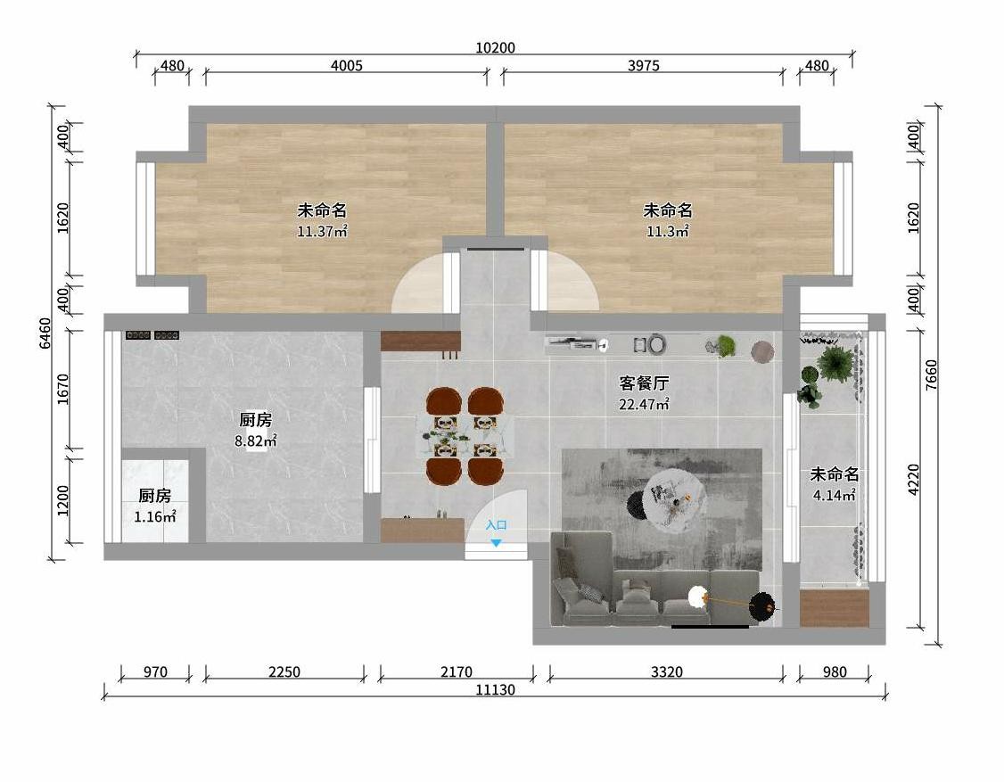 60现代两房装修效果图,华川社区装修案例效果图-美广网(图1)