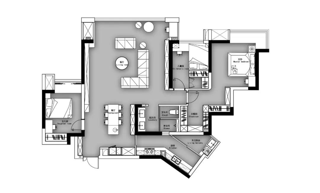 137现代三房装修效果图,开阔互动的亲子空间装修案例效果图-美广网